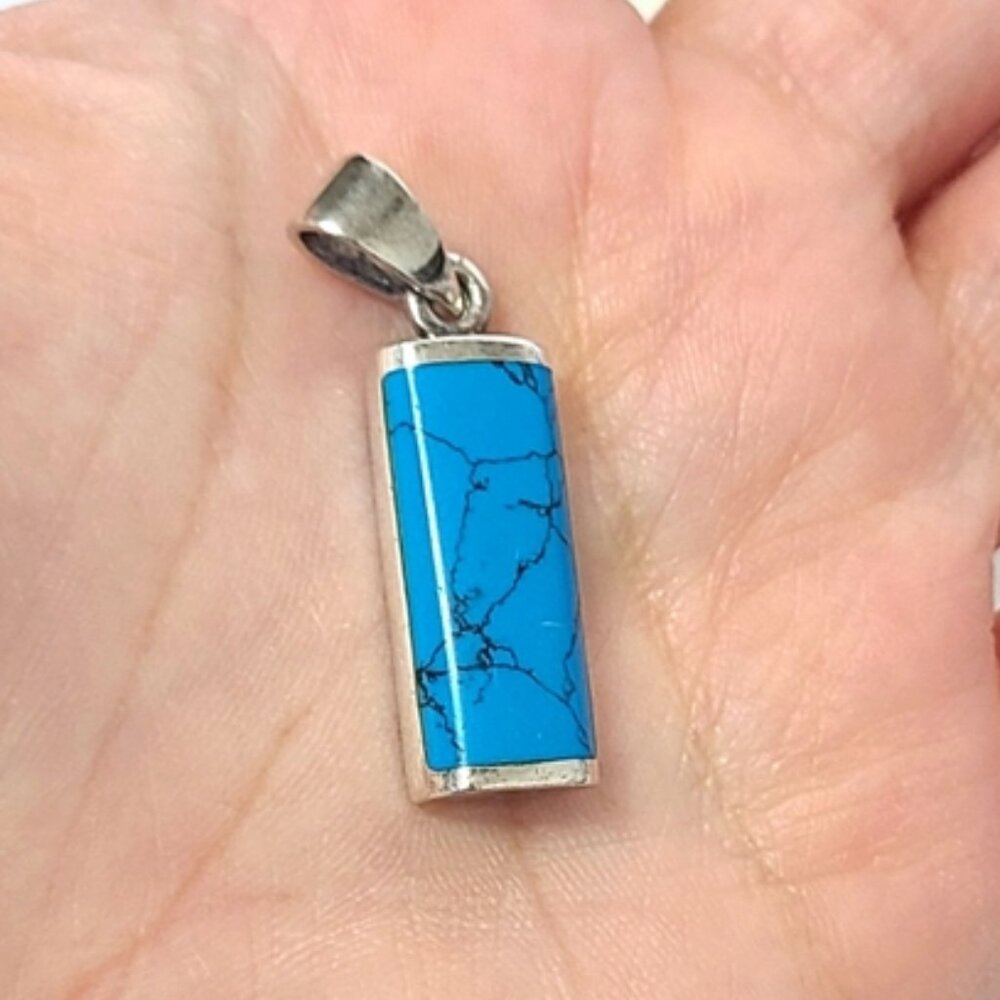 Vintage Turquoise Sterling Silver Rectangle Boho Western Bar Pendant Minimalist